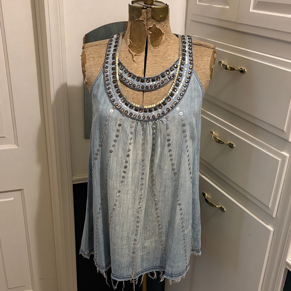 Double D Ranch Weeping Moon Denim Blue Studded Tank Top